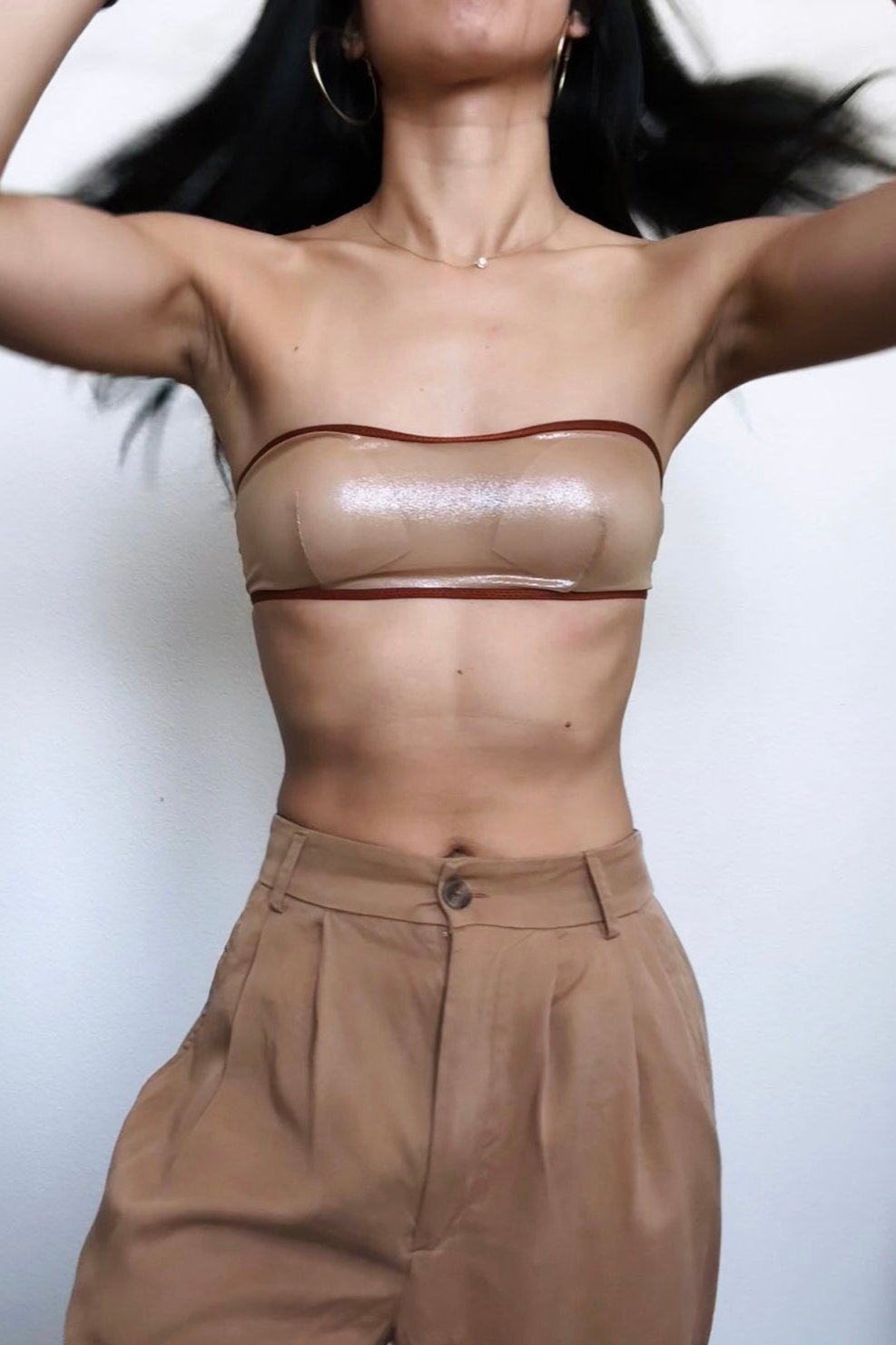 Size S Strapless Bandeau Iridescent Tan Mesh