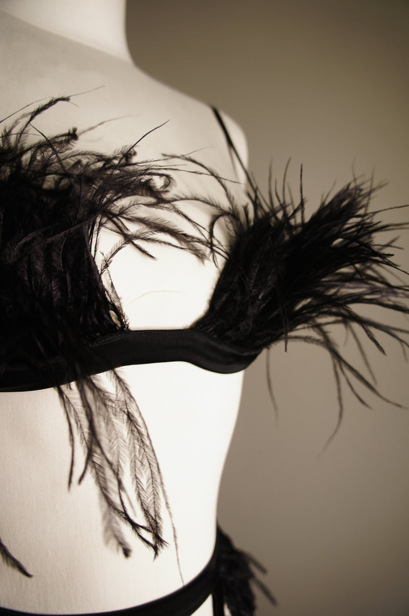 Feather adorned bra cups with satin band