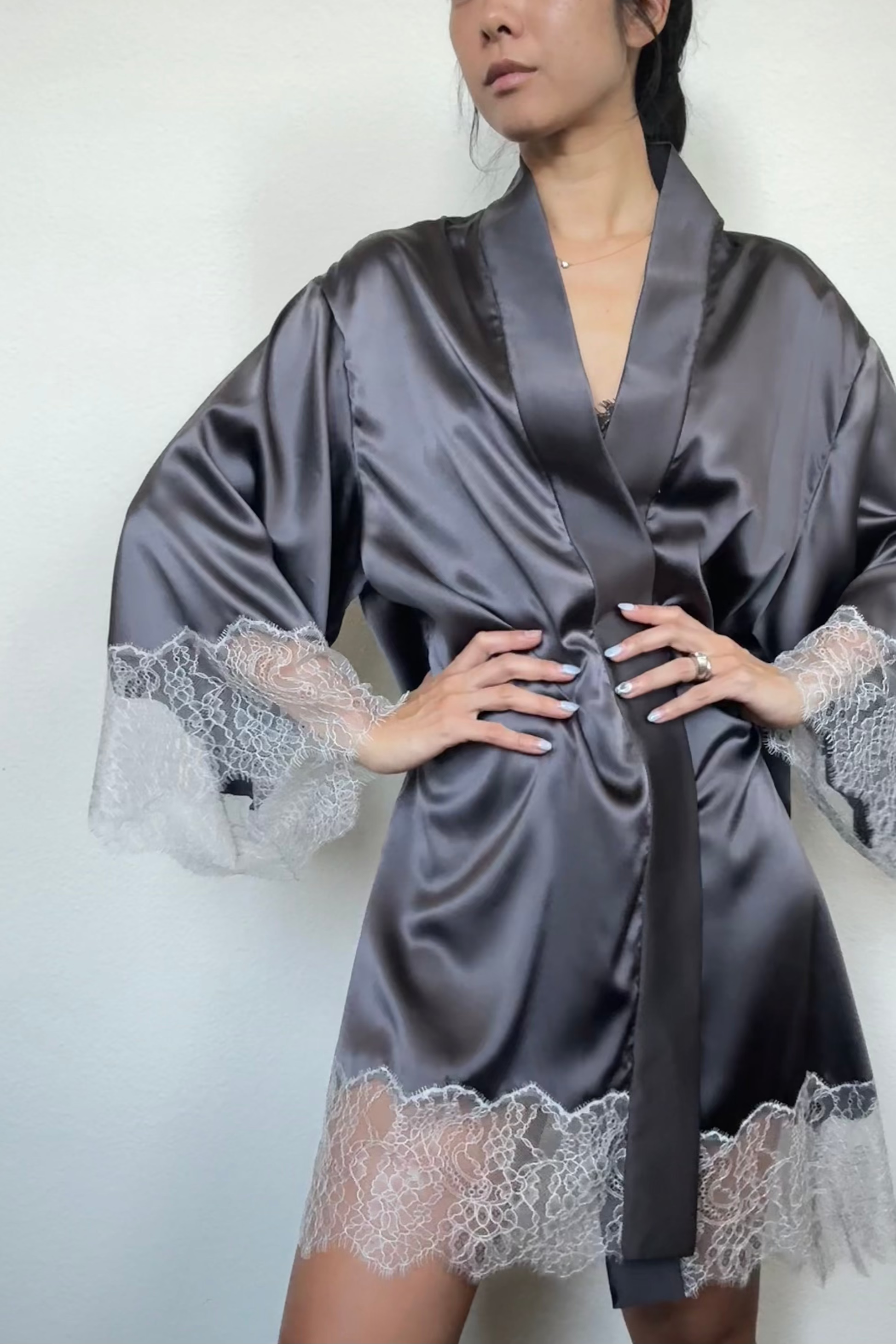 Graphite Gray Silk Haori with Chantilly Lace