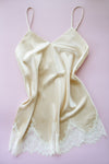 Size S Champagne Silk Bias Cut Slip with Appliqué Lace