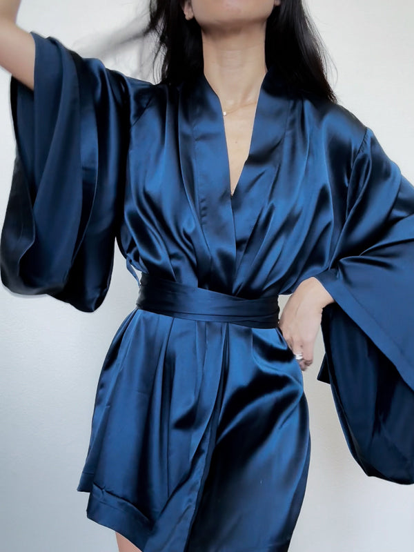 Navy Blue Silk Kimono Robe