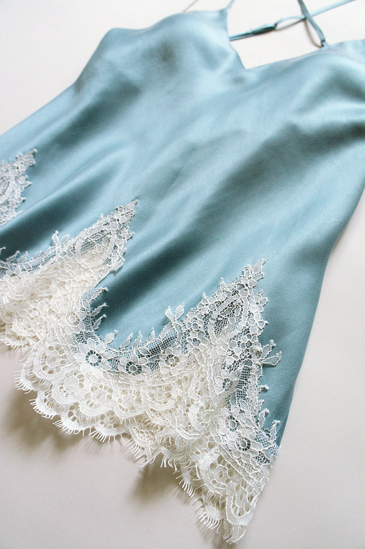 Stonewash Blue Silk and Ivory Lace Camisole