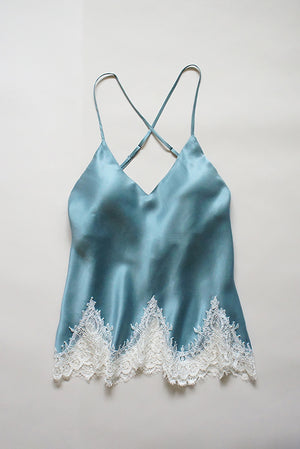Stonewash Blue Silk and Ivory Lace Camisole